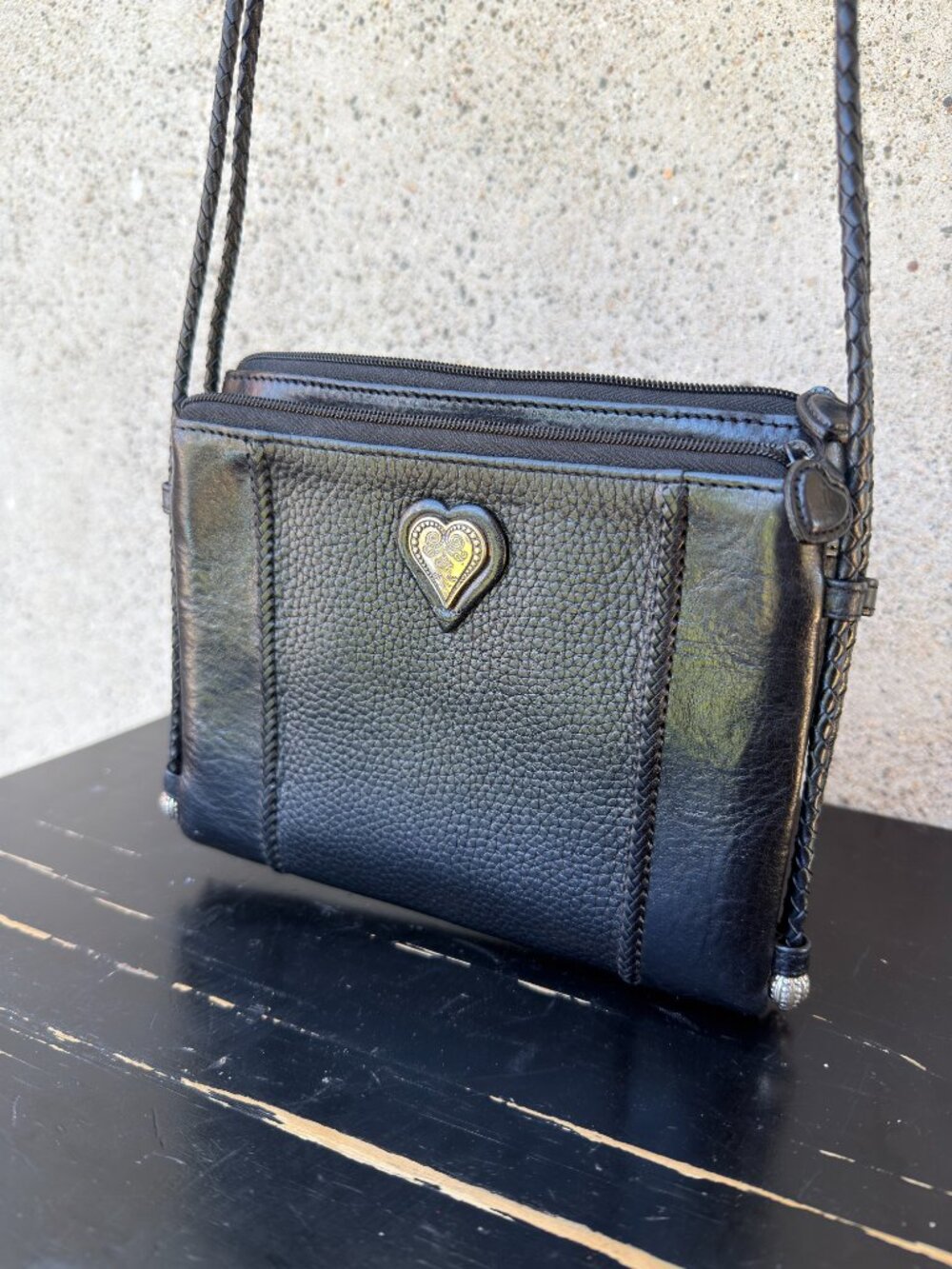BRIGHTON Women's Black Leather Organizer Crossbody Handbag Braided Straps Hearts